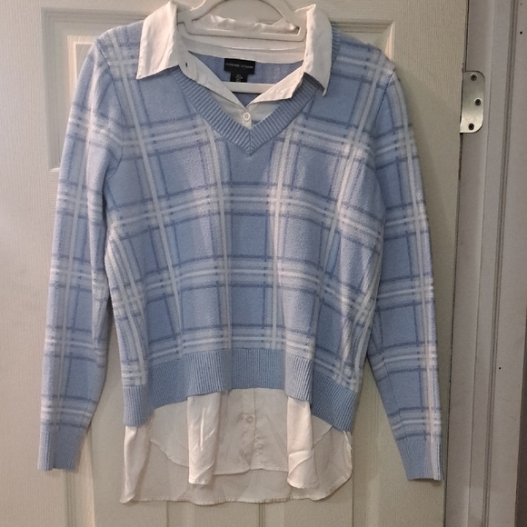Women's Blue Plaid Sweater with White Layered Shirt - Picture 1 of 4
